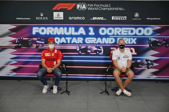 (L to R): Charles Leclerc (MON) Ferrari and Nikita Mazepin (RUS) Haas F1 Team in the FIA Press Conference.
18.11.2021. Formula 1 World Championship, Rd 20, Qatar Grand Prix, Doha, Qatar, Preparation Day.
- www.xpbimages.com, EMail: requests@xpbimages.com © Copyright: FIA Pool Image for Editorial Use Only