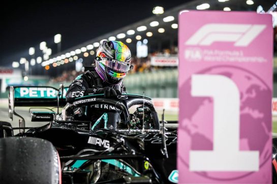Pole sitter Lewis Hamilton (GBR) Mercedes AMG F1 W12 in qualifying parc ferme.
20.11.2021. Formula 1 World Championship, Rd 20, Qatar Grand Prix, Doha, Qatar, Qualifying Day.
- www.xpbimages.com, EMail: requests@xpbimages.com © Copyright: FIA Pool Image for Editorial Use Only