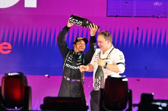 Race winner Lewis Hamilton (GBR) Mercedes AMG F1 celebrates on the podium. with Ron Meadows (GBR) Mercedes GP Team Manager.
05.12.2021. Formula 1 World Championship, Rd 21, Saudi Arabian Grand Prix, Jeddah, Saudi Arabia, Race Day.
- www.xpbimages.com, EMail: requests@xpbimages.com &copy; Copyright: Moy / XPB Images