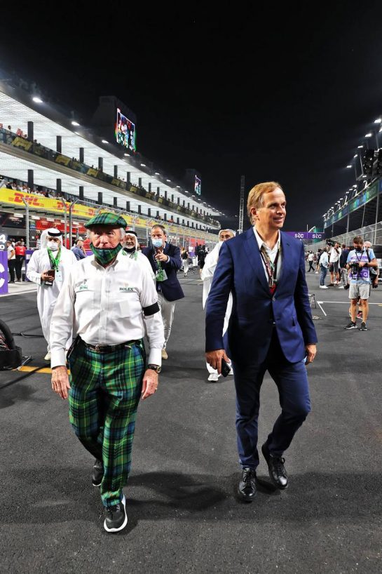 (L to R): Jackie Stewart (GBR) with Jean-Frederic Dufour Rolex CEO on the grid.
05.12.2021. Formula 1 World Championship, Rd 21, Saudi Arabian Grand Prix, Jeddah, Saudi Arabia, Race Day.
- www.xpbimages.com, EMail: requests@xpbimages.com &copy; Copyright: Moy / XPB Images
