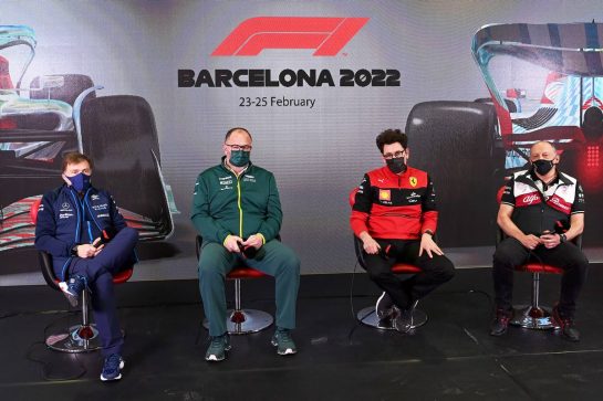 (L to R): Jost Capito (GER) Williams Racing Chief Executive Officer; Tom McCullough (GBR) Aston Martin F1 Team Performance Director; Mattia Binotto (ITA) Ferrari Team Principal; and Frederic Vasseur (FRA) Alfa Romeo F1 Team Team Principal, in the FIA Press Conference.
24.02.2022. Formula One Testing, Day Two, Barcelona, Spain. Thursday.
- www.xpbimages.com, EMail: requests@xpbimages.com &copy; Copyright: FIA Pool Image for Editorial Use Only
