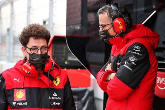 (L to R): Mattia Binotto (ITA) Ferrari Team Principal with Laurent Mekies (FRA) Ferrari Sporting Director.
25.02.2022. Formula One Testing, Day Three, Barcelona, Spain. Friday.
 - www.xpbimages.com, EMail: requests@xpbimages.com &copy; Copyright: Coates / XPB Images