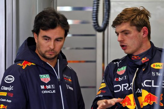 (L to R): Sergio Perez (MEX) Red Bull Racing with team mate Max Verstappen (NLD) Red Bull Racing.
25.02.2022. Formula One Testing, Day Three, Barcelona, Spain. Friday.
- www.xpbimages.com, EMail: requests@xpbimages.com &copy; Copyright: Batchelor / XPB Images