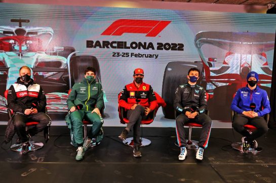 (L to R): Valtteri Bottas (FIN) Mercedes AMG F1; Lance Stroll (CDN) Aston Martin F1 Team; Carlos Sainz Jr (ESP) Ferrari; Alexander Albon (THA) Williams Racing; and Mick Schumacher (GER) Haas F1 Team, in the FIA Press Conference.
25.02.2022. Formula One Testing, Day Three, Barcelona, Spain. Friday.
- www.xpbimages.com, EMail: requests@xpbimages.com &copy; Copyright: Bearne / XPB Images