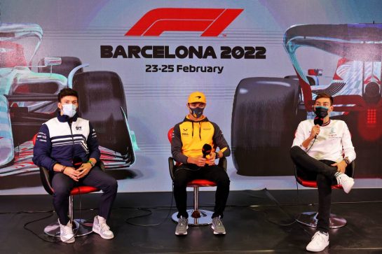 (L to R): Pierre Gasly (FRA) AlphaTauri; Lando Norris (GBR) McLaren; and George Russell (GBR) Mercedes AMG F1 in the FIA Press Conference.
25.02.2022. Formula One Testing, Day Three, Barcelona, Spain. Friday.
- www.xpbimages.com, EMail: requests@xpbimages.com &copy; Copyright: Bearne / XPB Images