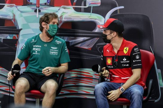 (L to R): Sebastian Vettel (GER) Aston Martin F1 Team with Charles Leclerc (MON) Ferrari in the FIA Press Conference.
12.03.2022. Formula 1 Testing, Sakhir, Bahrain, Day Three.
- www.xpbimages.com, EMail: requests@xpbimages.com © Copyright: XPB Images