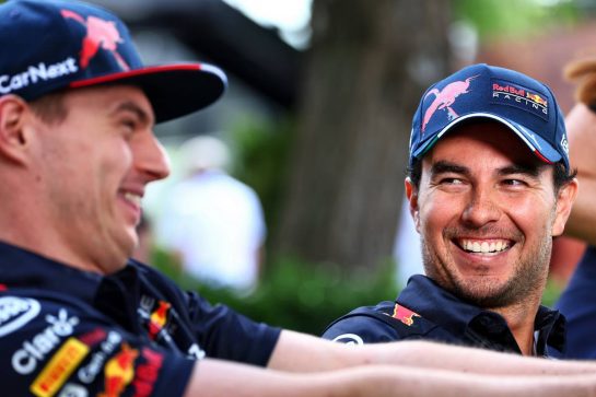 Sergio Perez (MEX) Red Bull Racing with team mate Max Verstappen (NLD) Red Bull Racing.
07.04.2022. Formula 1 World Championship, Rd 3, Australian Grand Prix, Albert Park, Melbourne, Australia, Preparation Day.
- www.xpbimages.com, EMail: requests@xpbimages.com © Copyright: Batchelor / XPB Images
