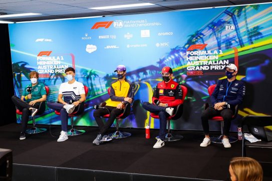 (L to R): Sebastian Vettel (GER) Aston Martin F1 Team; Pierre Gasly (FRA) AlphaTauri; Daniel Ricciardo (AUS) McLaren; Charles Leclerc (MON) Ferrari; and Nicholas Latifi (CDN) Williams Racing, in the FIA Press Conference.
08.04.2022. Formula 1 World Championship, Rd 3, Australian Grand Prix, Albert Park, Melbourne, Australia, Practice Day.
- www.xpbimages.com, EMail: requests@xpbimages.com © Copyright: XPB Images