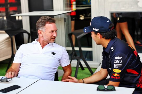 (L to R): Christian Horner (GBR) Red Bull Racing Team Principal with Sergio Perez (MEX) Red Bull Racing.
05.05.2022. Formula 1 World Championship, Rd 5, Miami Grand Prix, Miami, Florida, USA, Preparation Day.
- www.xpbimages.com, EMail: requests@xpbimages.com &copy; Copyright: Batchelor / XPB Images