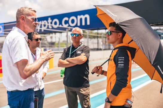 Niels Wittich (GER) FIA F1 Race Director (Left) with Lando Norris (GBR) McLaren.
05.05.2022. Formula 1 World Championship, Rd 5, Miami Grand Prix, Miami, Florida, USA, Preparation Day.
- www.xpbimages.com, EMail: requests@xpbimages.com &copy; Copyright: Bearne / XPB Images