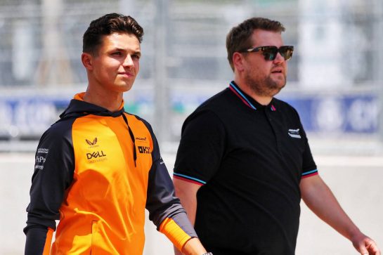 (L to R): Lando Norris (GBR) McLaren walks the circuit with James Corden (GBR) Actor.
05.05.2022. Formula 1 World Championship, Rd 5, Miami Grand Prix, Miami, Florida, USA, Preparation Day.
- www.xpbimages.com, EMail: requests@xpbimages.com &copy; Copyright: Rew / XPB Images