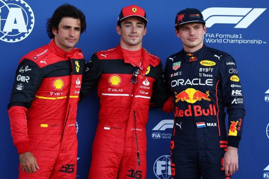 Pole for Charles Leclerc (MON) Ferrari F1-75, 2nd for Carlos Sainz Jr (ESP) Ferrari F1-75 and 3rd Max Verstappen (NLD) Red Bull Racing RB18.
07.05.2022. Formula 1 World Championship, Rd 5, Miami Grand Prix, Miami, Florida, USA, Qualifying Day.
- www.xpbimages.com, EMail: requests@xpbimages.com © Copyright: Batchelor / XPB Images