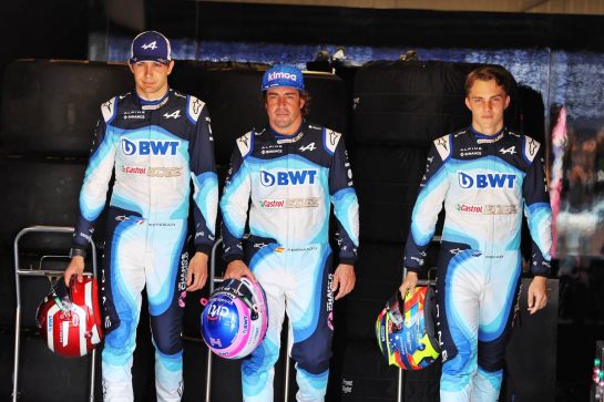 (L to R): Esteban Ocon (FRA) Alpine F1 Team with Fernando Alonso (ESP) Alpine F1 Team and Oscar Piastri (AUS) Alpine F1 Team Reserve Driver.
26.05.2022. Formula 1 World Championship, Rd 7, Monaco Grand Prix, Monte Carlo, Monaco, Practice Day.
- www.xpbimages.com, EMail: requests@xpbimages.com &copy; Copyright: Moy / XPB Images