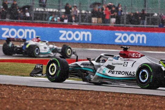 George Russell (GBR) Mercedes AMG F1 W13 follows Lewis Hamilton (GBR) Mercedes AMG F1 W13.
01.07.2022. Formula 1 World Championship, Rd 10, British Grand Prix, Silverstone, England, Practice Day.
- www.xpbimages.com, EMail: requests@xpbimages.com &copy; Copyright: Bearne / XPB Images