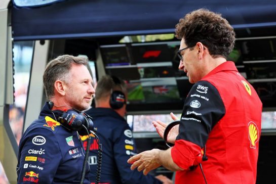 (L to R): Christian Horner (GBR) Red Bull Racing Team Principal with Mattia Binotto (ITA) Ferrari Team Principal.
01.07.2022. Formula 1 World Championship, Rd 10, British Grand Prix, Silverstone, England, Practice Day.
- www.xpbimages.com, EMail: requests@xpbimages.com &copy; Copyright: Batchelor / XPB Images