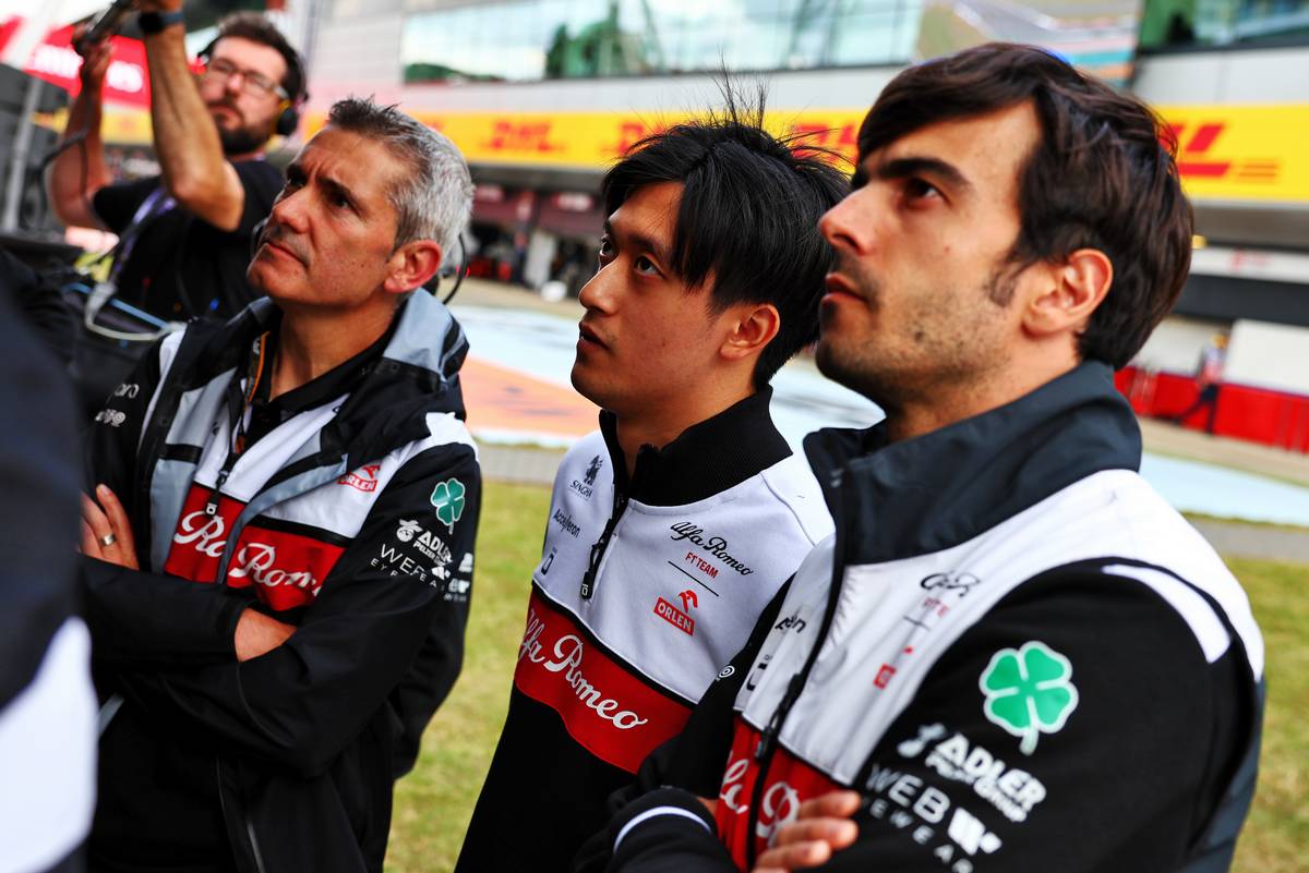 Guanyu Zhou (CHN) Alfa Romeo F1 Team watches the race from the pit gantry. 03.07.2022. Formula 1 World Championship, Rd 10, British Grand Prix, Silverstone, England, Race