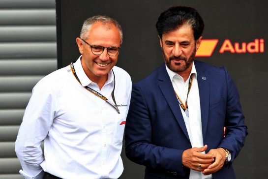 (L to R): Stefano Domenicali (ITA) Formula One President and CEO and Mohammed Bin Sulayem (UAE) FIA President - in the pits as Audi has officially registered as an F1 engine manufacturer for the 2026 regulations.
26.08.2022. Formula 1 World Championship, Rd 14, Belgian Grand Prix, Spa Francorchamps, Belgium, Practice Day.
- www.xpbimages.com, EMail: requests@xpbimages.com © Copyright: Batchelor / XPB Images