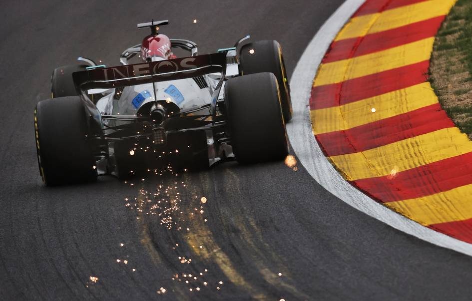 George Russell (GBR) Mercedes AMG F1 W13 sends sparks flying. 26.08.2022. Formula 1 World Championship, Rd 14, Belgian Grand Prix, Spa Francorchamps, Belgium, Practice