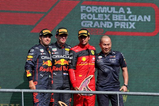 The podium (L to R): Sergio Perez (MEX) Red Bull Racing, second; Max Verstappen (NLD) Red Bull Racing, race winner; Carlos Sainz Jr (ESP) Ferrari, third.
28.08.2022. Formula 1 World Championship, Rd 14, Belgian Grand Prix, Spa Francorchamps, Belgium, Race Day.
- www.xpbimages.com, EMail: requests@xpbimages.com © Copyright: Bearne / XPB Images