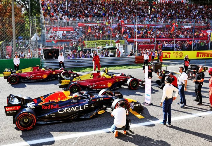 Charles Leclerc (MON) Ferrari F1-75; Max Verstappen (NLD) Red Bull Racing RB18; Max Verstappen (NLD) Red Bull Racing RB18; and Carlos Sainz Jr (ESP) Ferrari F1-75 in qualifying parc ferme. 10.09.2022. Formula 1 World Championship, Rd 16, Italian Grand Prix, Monza, Italy, Qualifying