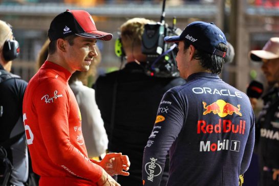 (L to R): Charles Leclerc (MON) Ferrari in qualifying parc ferme with Sergio Perez (MEX) Red Bull Racing.
01.10.2022. Formula 1 World Championship, Rd 17, Singapore Grand Prix, Marina Bay Street Circuit, Singapore, Qualifying Day.
- www.xpbimages.com, EMail: requests@xpbimages.com &copy; Copyright: Batchelor / XPB Images