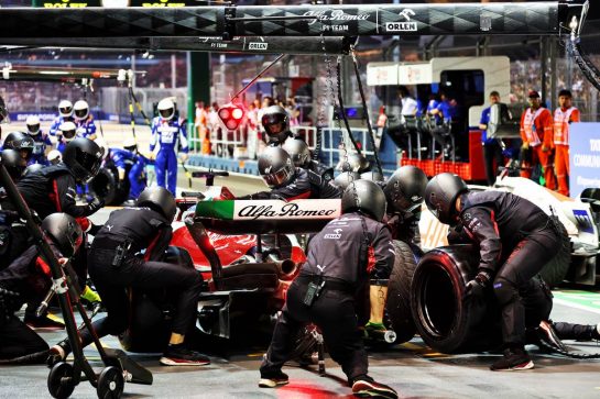 Valtteri Bottas (FIN) Alfa Romeo F1 Team C42 makes a pit stop.
02.10.2022. Formula 1 World Championship, Rd 17, Singapore Grand Prix, Marina Bay Street Circuit, Singapore, Race Day.
- www.xpbimages.com, EMail: requests@xpbimages.com &copy; Copyright: Batchelor / XPB Images