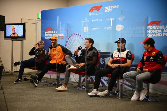 (L to R): Max Verstappen (NLD) Red Bull Racing ; Daniel Ricciardo (AUS) McLaren; George Russell (GBR) Mercedes AMG F1; Guanyu Zhou (CHN) Alfa Romeo F1 Team; and Charles Leclerc (MON) Ferrari, in the FIA Press Conference.
06.10.2022. Formula 1 World Championship, Rd 18, Japanese Grand Prix, Suzuka, Japan, Preparation Day.
- www.xpbimages.com, EMail: requests@xpbimages.com &copy; Copyright: XPB Images