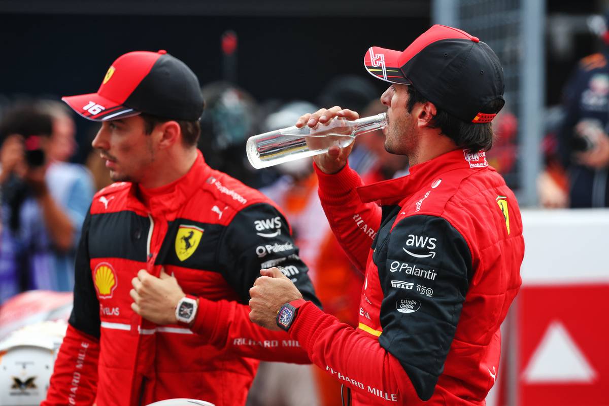 Carlos Sainz Jr (ESP) Ferrari and Charles Leclerc (MON) Ferrari in qualifying parc ferme. 08.10.2022. Formula 1 World Championship, Rd 18, Japanese Grand Prix, Suzuka, Japan, Qualifying