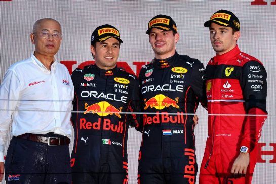 The podium (L to R): Charles Leclerc (MON) Ferrari, second; Sergio Perez (MEX) Red Bull Racing, race winner; Carlos Sainz Jr (ESP) Ferrari, third.
09.10.2022. Formula 1 World Championship, Rd 18, Japanese Grand Prix, Suzuka, Japan, Race Day.
- www.xpbimages.com, EMail: requests@xpbimages.com &copy; Copyright: Batchelor / XPB Images