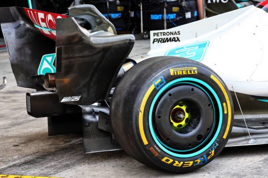 Mercedes AMG F1 W13 rear wing with FTX branding removed.
11.11.2022. Formula 1 World Championship, Rd 21, Brazilian Grand Prix, Sao Paulo, Brazil, Qualifying Day.
- www.xpbimages.com, EMail: requests@xpbimages.com © Copyright: Batchelor / XPB Images