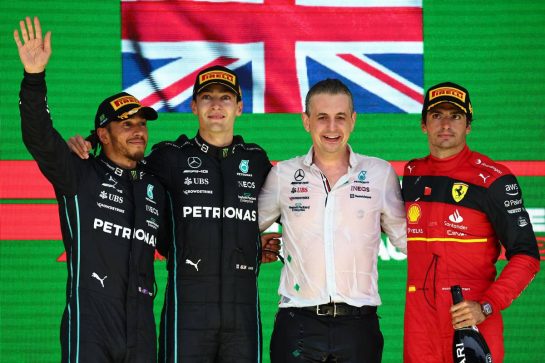 1st place George Russell (GBR) Mercedes AMG F1 W13 with 2nd place Lewis Hamilton (GBR) Mercedes AMG F1 W13 and 3rd place Carlos Sainz Jr (ESP) Ferrari. 13.11.2022. Formula 1 World Championship, Rd 21, Brazilian Grand Prix, Sao Paulo, Brazil, Race Day. - www.xpbimages.com, EMail: requests@xpbimages.com © Copyright: Batchelor / XPB Images