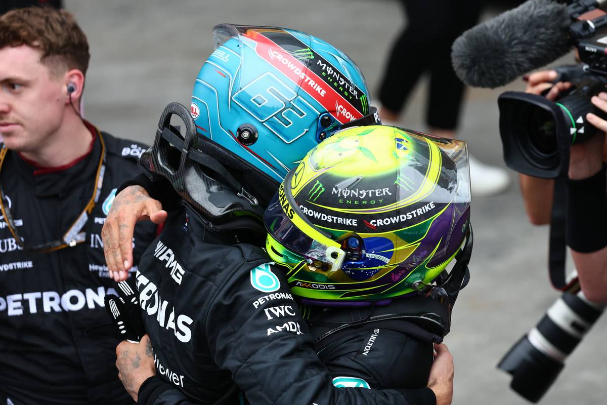 1st place George Russell (GBR) Mercedes AMG F1 and 2nd place Lewis Hamilton (GBR) Mercedes AMG F1. 13.11.2022. Formula 1 World Championship, Rd 21, Brazilian Grand Prix, Sao Paulo, Brazil, Race