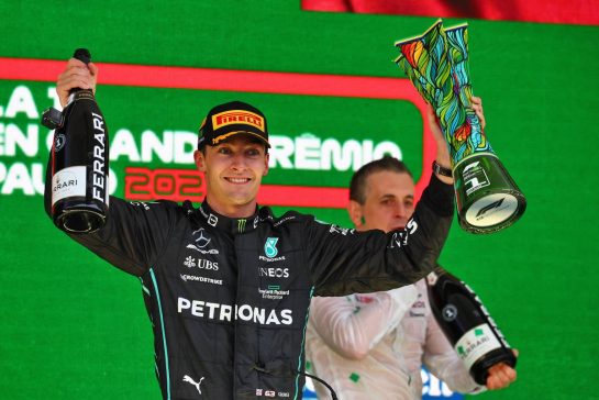 Race winner George Russell (GBR) Mercedes AMG F1 celebrates on the podium.
13.11.2022. Formula 1 World Championship, Rd 21, Brazilian Grand Prix, Sao Paulo, Brazil, Race Day.
- www.xpbimages.com, EMail: requests@xpbimages.com © Copyright: Coates / XPB Images