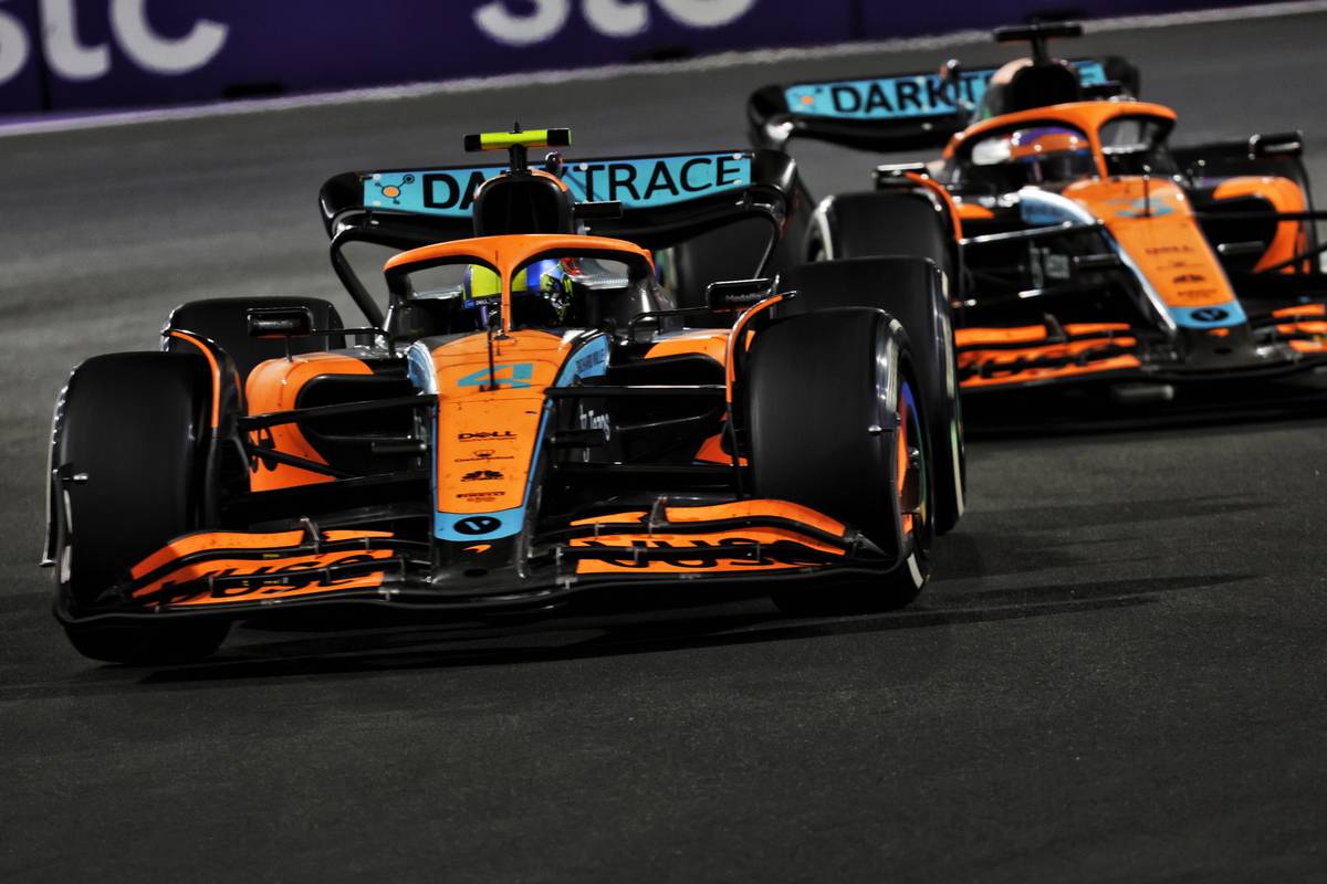 Lando Norris (GBR) McLaren MCL36 leads team mate Daniel Ricciardo (AUS) McLaren MCL36. 27.03.2022. Formula 1 World Championship, Rd 2, Saudi Arabian Grand Prix, Jeddah, Saudi Arabia, Race