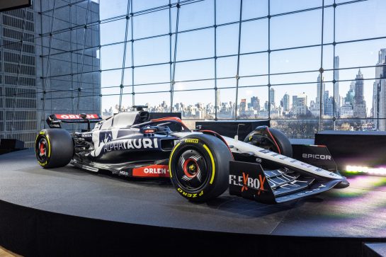 The new Scuderia AlphaTauri Formula One car at the Scuderia AlphaTauri Season Launch at Lincoln Center in New York, NY on February 11, 2023. // Colin Kerrigan / Red Bull Content Pool // SI202302120239 // Usage for editorial use only //