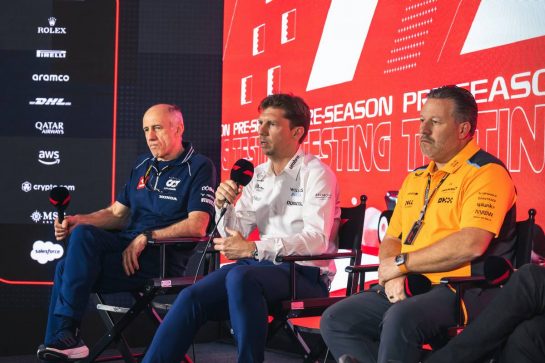 (L to R): Franz Tost (AUT) AlphaTauri Team Principal; James Vowles (GBR) Williams Racing Team Principal; and Zak Brown (USA) McLaren Executive Director, in the FIA Press Conference.
24.02.2023. Formula 1 Testing, Sakhir, Bahrain, Day Two.
- www.xpbimages.com, EMail: requests@xpbimages.com &copy; Copyright: Bearne / XPB Images