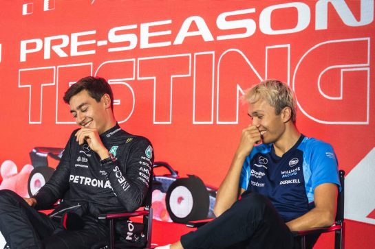 (L to R): George Russell (GBR) Mercedes AMG F1 and Alexander Albon (THA) Williams Racing, in the FIA Press Conference.
24.02.2023. Formula 1 Testing, Sakhir, Bahrain, Day Two.
- www.xpbimages.com, EMail: requests@xpbimages.com &copy; Copyright: Bearne / XPB Images