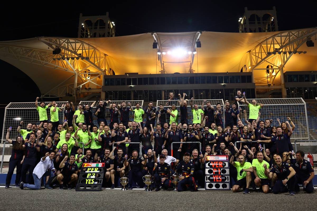Max Verstappen (NLD) Red Bull Racing and Sergio Perez (MEX) Red Bull Racing Celebrate with the team. 
05.03.2023. Formula 1 World Championship, Rd 1, Bahrain Grand Prix, Sakhir, Bahrain, Race Day.
- www.xpbimages.com, EMail: requests@xpbimages.com &copy; Copyright: Batchelor / XPB Images