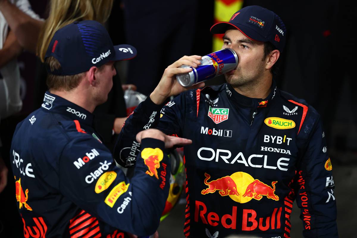 2nd place Max Verstappen (NLD) Red Bull Racing RB19 with 1st place for Sergio Perez (MEX) Red Bull Racing.
19.03.2023. Formula 1 World Championship, Rd 2, Saudi Arabian Grand Prix, Jeddah, Saudi Arabia, Race Day.
- www.xpbimages.com, EMail: requests@xpbimages.com &copy; Copyright: Batchelor / XPB Images