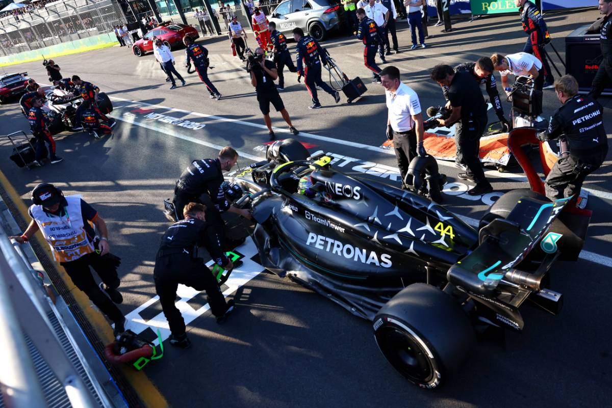 Lewis Hamilton (GBR) Mercedes AMG F1 W14 in the pits while the race is stopped. 02.04.2023. Formula 1 World Championship, Rd 3, Australian Grand Prix, Albert Park, Melbourne, Australia, Race Day. - www.xpbimages.com, EMail: requests@xpbimages.com &copy; Copyright: Batchelor / XPB Images