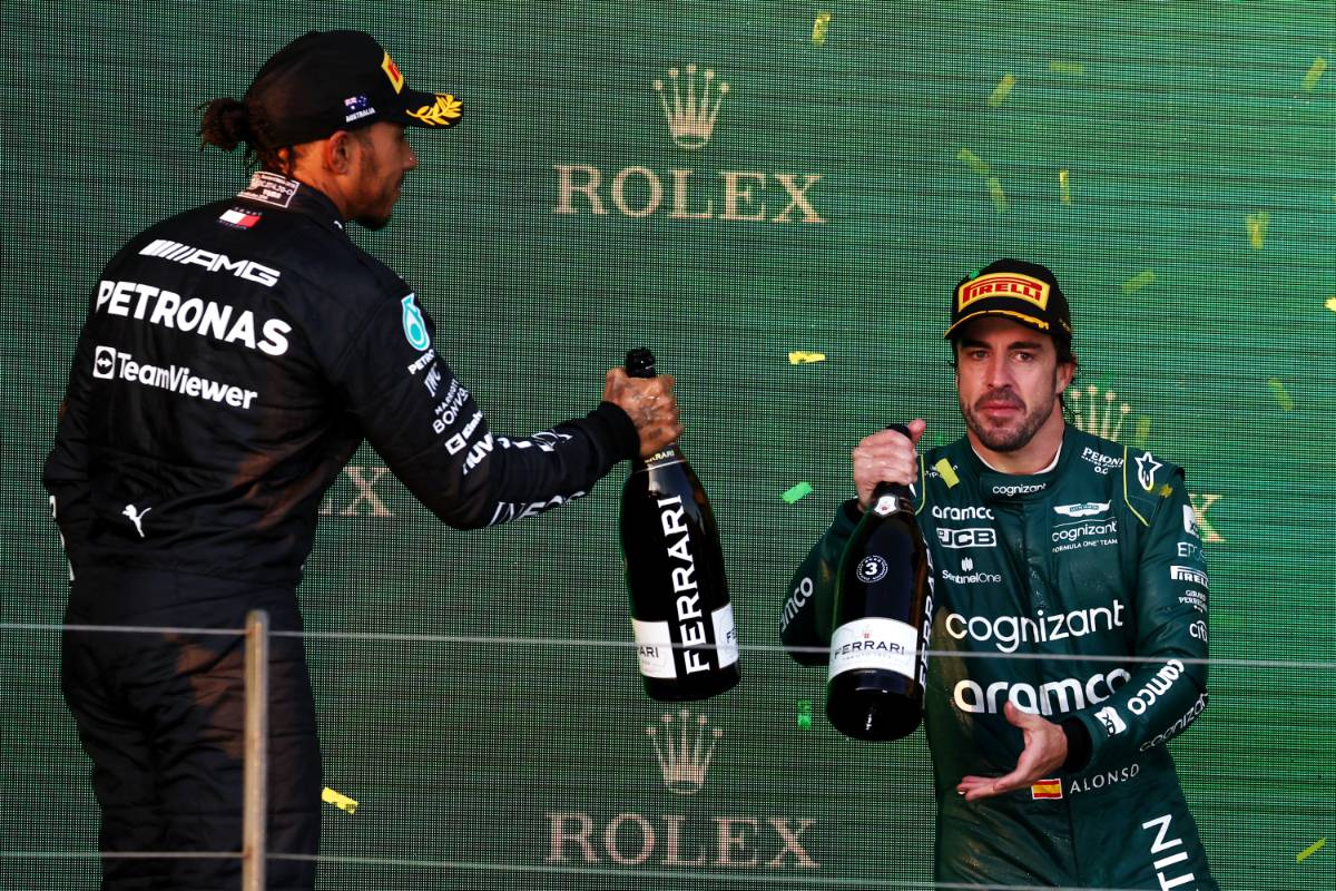 (L to R): Second placed Lewis Hamilton (GBR) Mercedes AMG F1 celebrates on the podium with third placed Fernando Alonso (ESP) Aston Martin F1 Team. 02.04.2023. Formula 1 World Championship, Rd 3, Australian Grand Prix, Albert Park, Melbourne, Australia, Race Day. - www.xpbimages.com, EMail: requests@xpbimages.com © Copyright: Moy / XPB Images