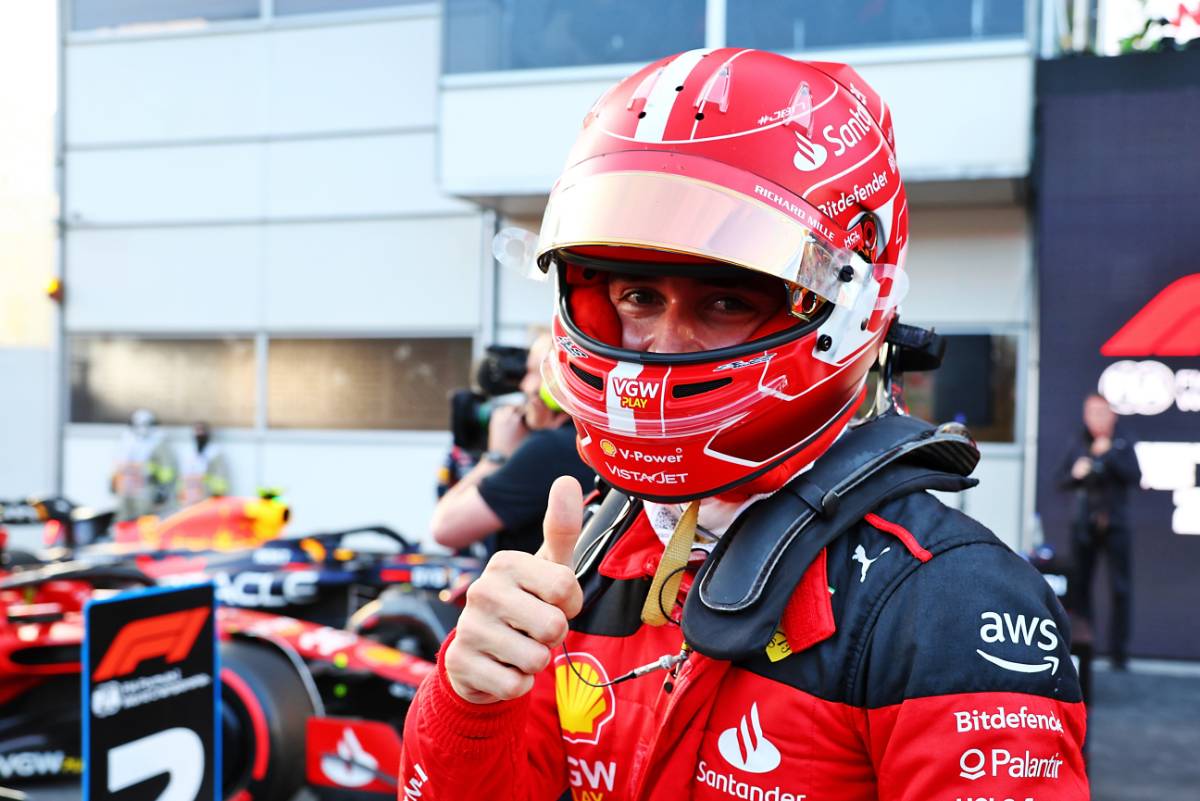 Charles Leclerc (MON) Ferrari celebrates his pole position in qualifying parc ferme. 28.04.2023. Formula 1 World Championship, Rd 4, Azerbaijan Grand Prix, Baku Street Circuit, Azerbaijan, Qualifying Day. - www.xpbimages.com, EMail: requests@xpbimages.com © Copyright: Batchelor / XPB Images