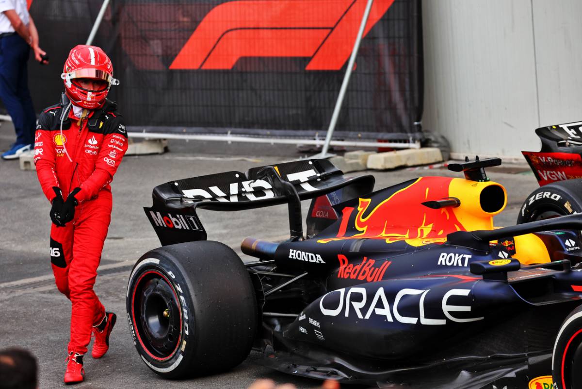 Third placed Charles Leclerc (MON) Ferrari in parc ferme. 30.04.2023. Formula 1 World Championship, Rd 4, Azerbaijan Grand Prix, Baku Street Circuit, Azerbaijan, Race Day. - www.xpbimages.com, EMail: requests@xpbimages.com © Copyright: Batchelor / XPB Images