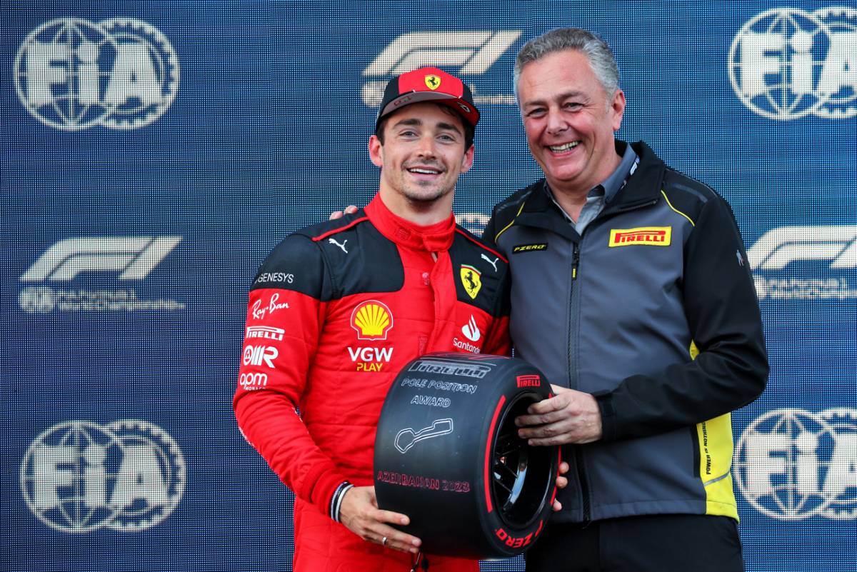 (L to R): Charles Leclerc (MON) Ferrari receives the Pirelli Pole Position Award from Mario Isola (ITA) Pirelli Racing Manager. 28.04.2023. Formula 1 World Championship, Rd 4, Azerbaijan Grand Prix, Baku Street Circuit, Azerbaijan, Qualifying Day. - www.xpbimages.com, EMail: requests@xpbimages.com © Copyright: Batchelor / XPB Images