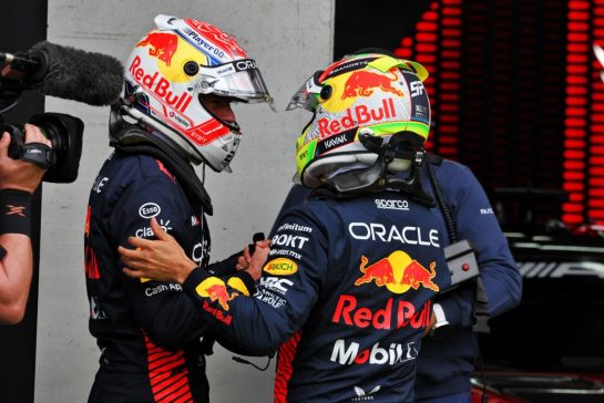 (L to R): Max Verstappen (NLD) Red Bull Racing with team mate Sergio Perez (MEX) Red Bull Racing in parc ferme.
01.07.2023. Formula 1 World Championship, Rd 10, Austrian Grand Prix, Spielberg, Austria, Sprint Day.
- www.xpbimages.com, EMail: requests@xpbimages.com © Copyright: Moy / XPB Images
