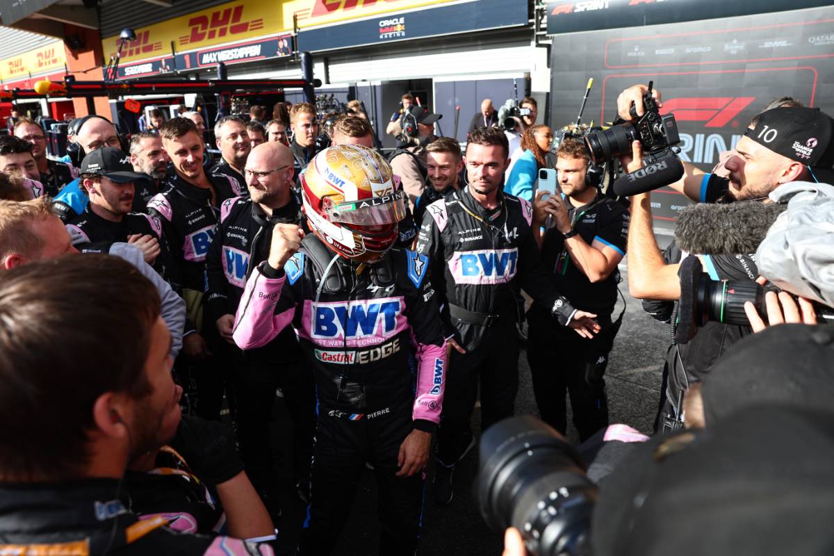 Pierre Gasly (FRA) Alpine F1 Team celebrates his third position in Sprint parc ferme with the team. 29.07.2023. Formula 1 World Championship, Rd 13, Belgian Grand Prix, Spa Francorchamps, Belgium, Sprint Day. - www.xpbimages.com, EMail: requests@xpbimages.com © Copyright: Batchelor / XPB Images