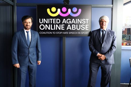 (L to R): Mohammed Bin Sulayem (UAE) FIA President with Jorge Viegas (ESP) FIM President - united against online abuse.
30.07.2023. Formula 1 World Championship, Rd 13, Belgian Grand Prix, Spa Francorchamps, Belgium, Race Day.
- www.xpbimages.com, EMail: requests@xpbimages.com &copy; Copyright: Moy / XPB Images