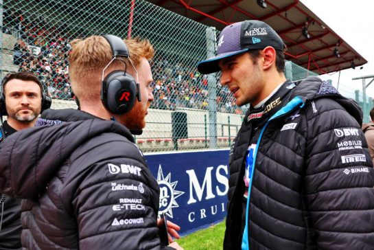Esteban Ocon (FRA) Alpine F1 Team with Josh Peckett (GBR) Alpine F1 Team Race Engineer on the grid.
30.07.2023. Formula 1 World Championship, Rd 13, Belgian Grand Prix, Spa Francorchamps, Belgium, Race Day.
- www.xpbimages.com, EMail: requests@xpbimages.com &copy; Copyright: Batchelor / XPB Images