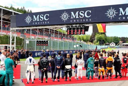 Drivers as the grid observes the national anthem.
30.07.2023. Formula 1 World Championship, Rd 13, Belgian Grand Prix, Spa Francorchamps, Belgium, Race Day.
- www.xpbimages.com, EMail: requests@xpbimages.com &copy; Copyright: Batchelor / XPB Images