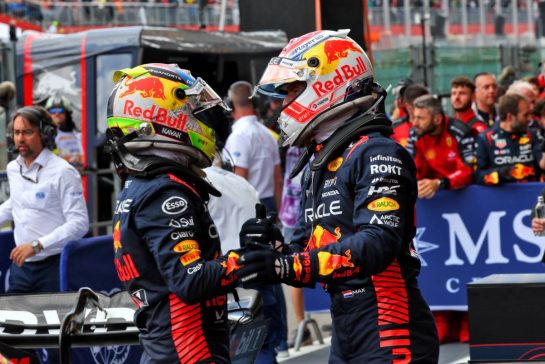 (L to R): Sergio Perez (MEX) Red Bull Racing celebrates his second position with race winner Max Verstappen (NLD) Red Bull Racing in parc ferme.
30.07.2023. Formula 1 World Championship, Rd 13, Belgian Grand Prix, Spa Francorchamps, Belgium, Race Day.
- www.xpbimages.com, EMail: requests@xpbimages.com &copy; Copyright: Batchelor / XPB Images